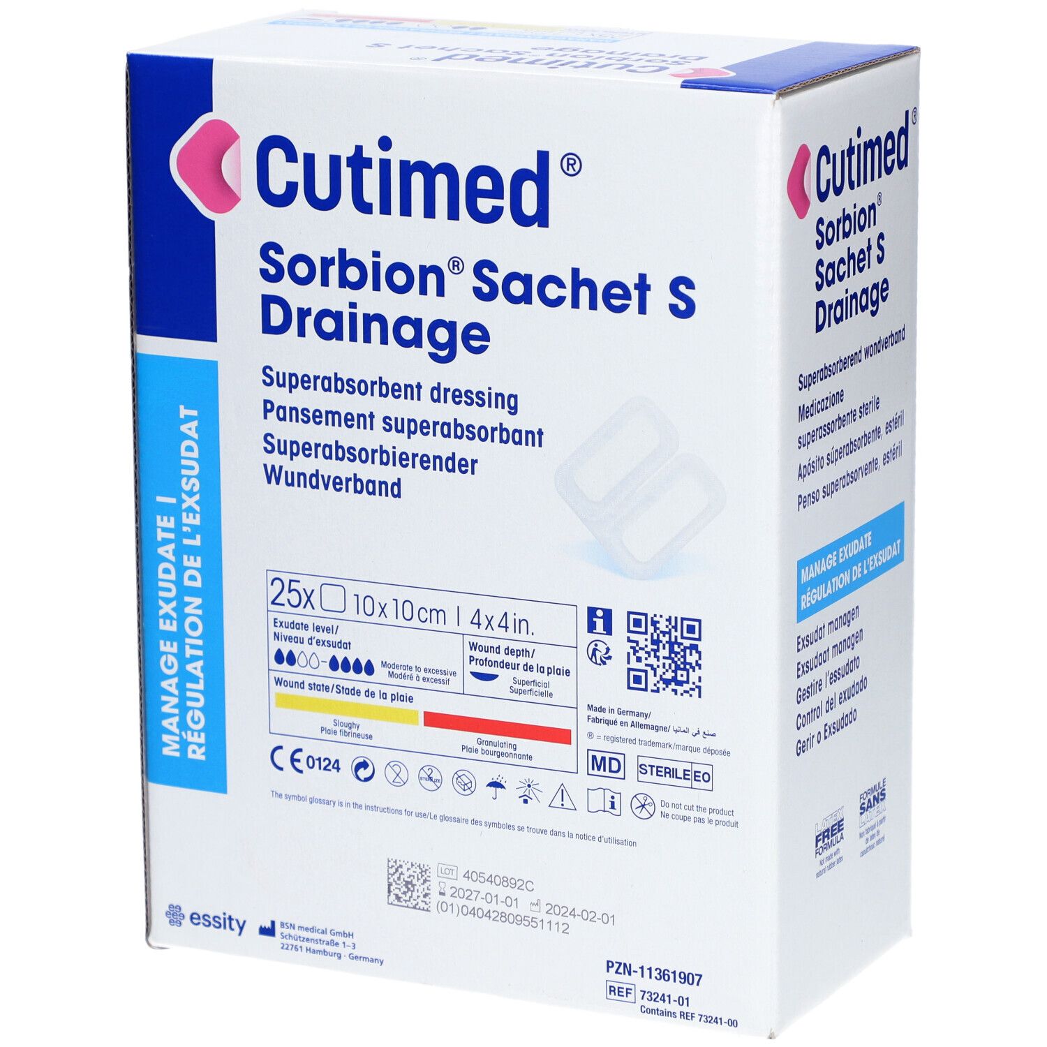 Karton Cutimed Sorbion Sachet S Drainage. Enthält 25 Verbände. Aufschrift: Superabsorbierender Verband. CE-Kennzeichnung.