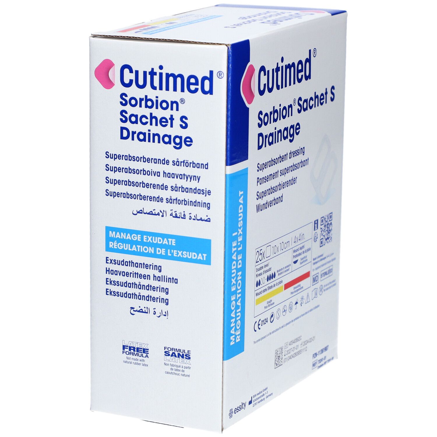 Karton Cutimed Sorbion Sachet S Drainage. Enthält 25 Verbände. Aufschrift: Superabsorbierender Verband.