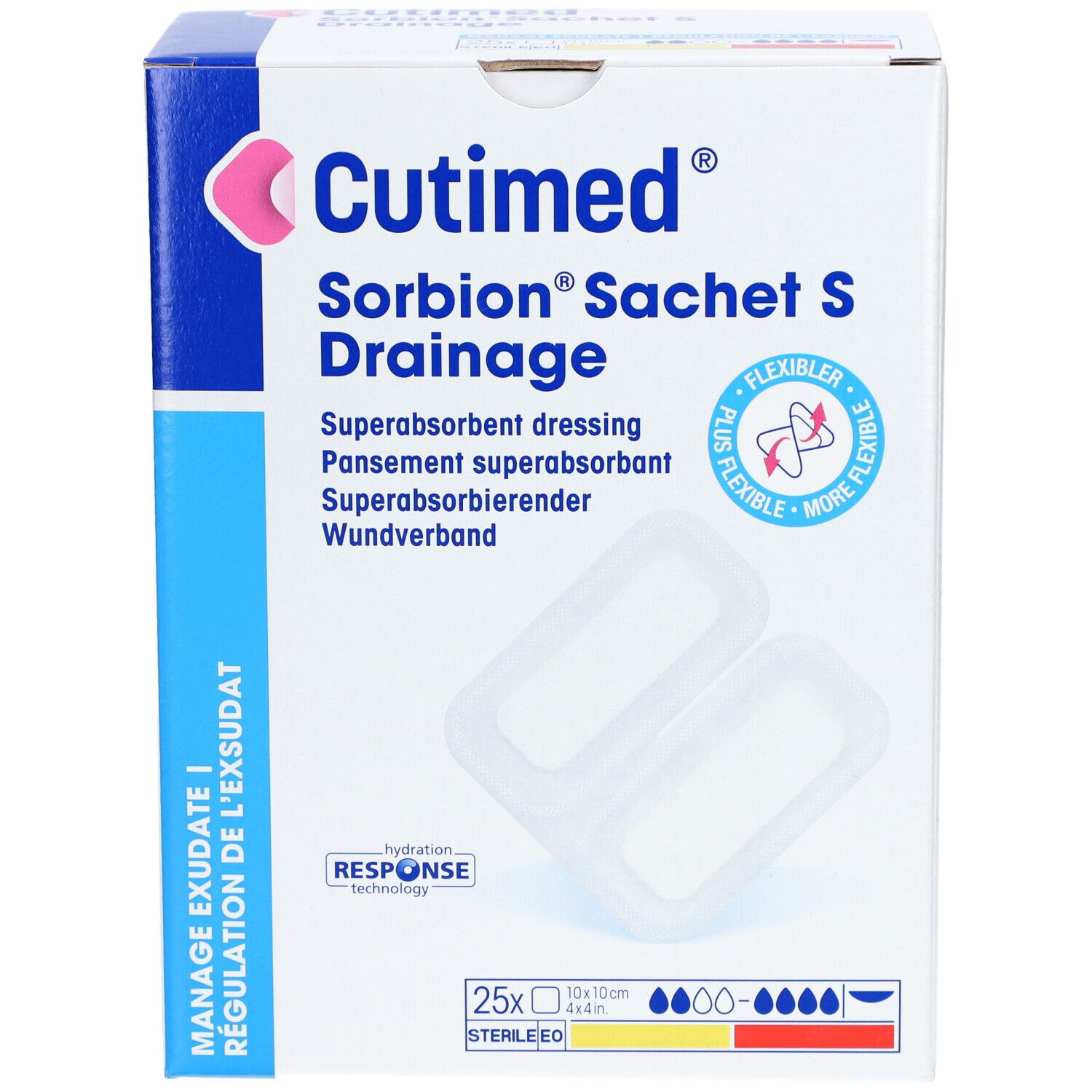 Karton Cutimed Sorbion Sachet S Drainage. Enthält 25 Verbände. Aufschrift: Superabsorbierender Verband.