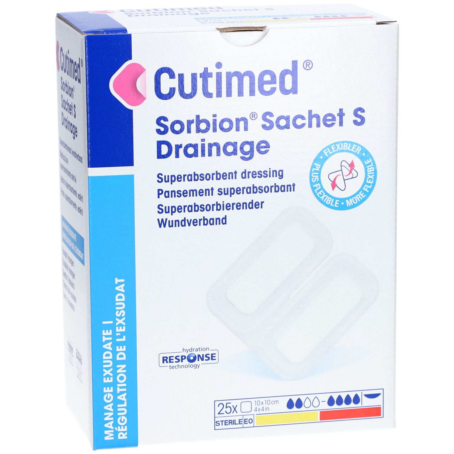 Karton Cutimed Sorbion Sachet S Drainage. Enthält 25 Verbände. Aufschrift: Superabsorbierender Verband.