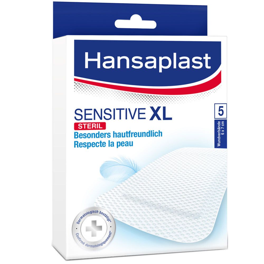 Verpackung Hansaplast Sensitive XL Pflaster. 5 Stück, 6x7 cm. Aufschrift: STERIL, besonders hautfreundlich, Respecte la peau. Dermatologisch bestätigt.