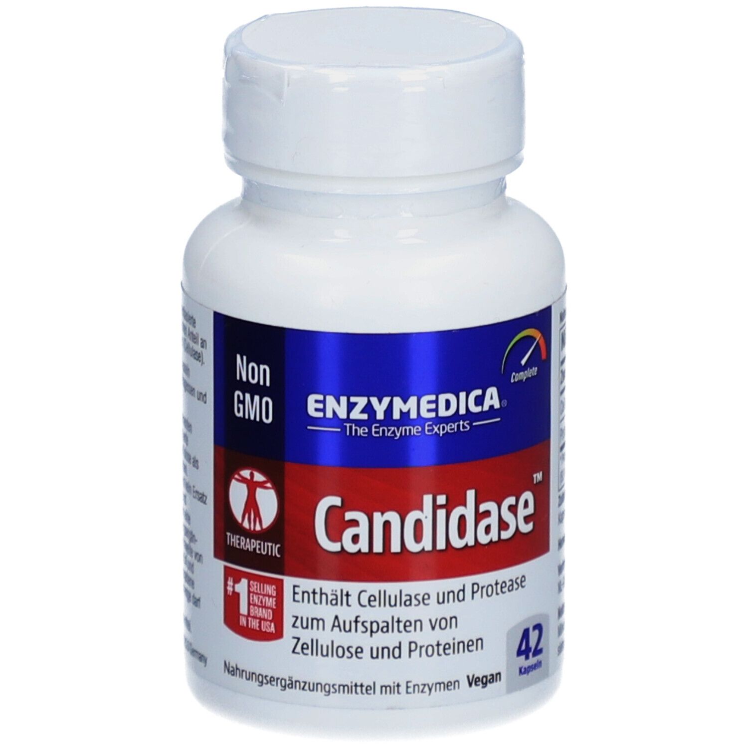 Weiße Flasche mit blauem Etikett. Aufschrift: Candidase, Enzymedica. Enthält 42 Kapseln. Non-GMO.