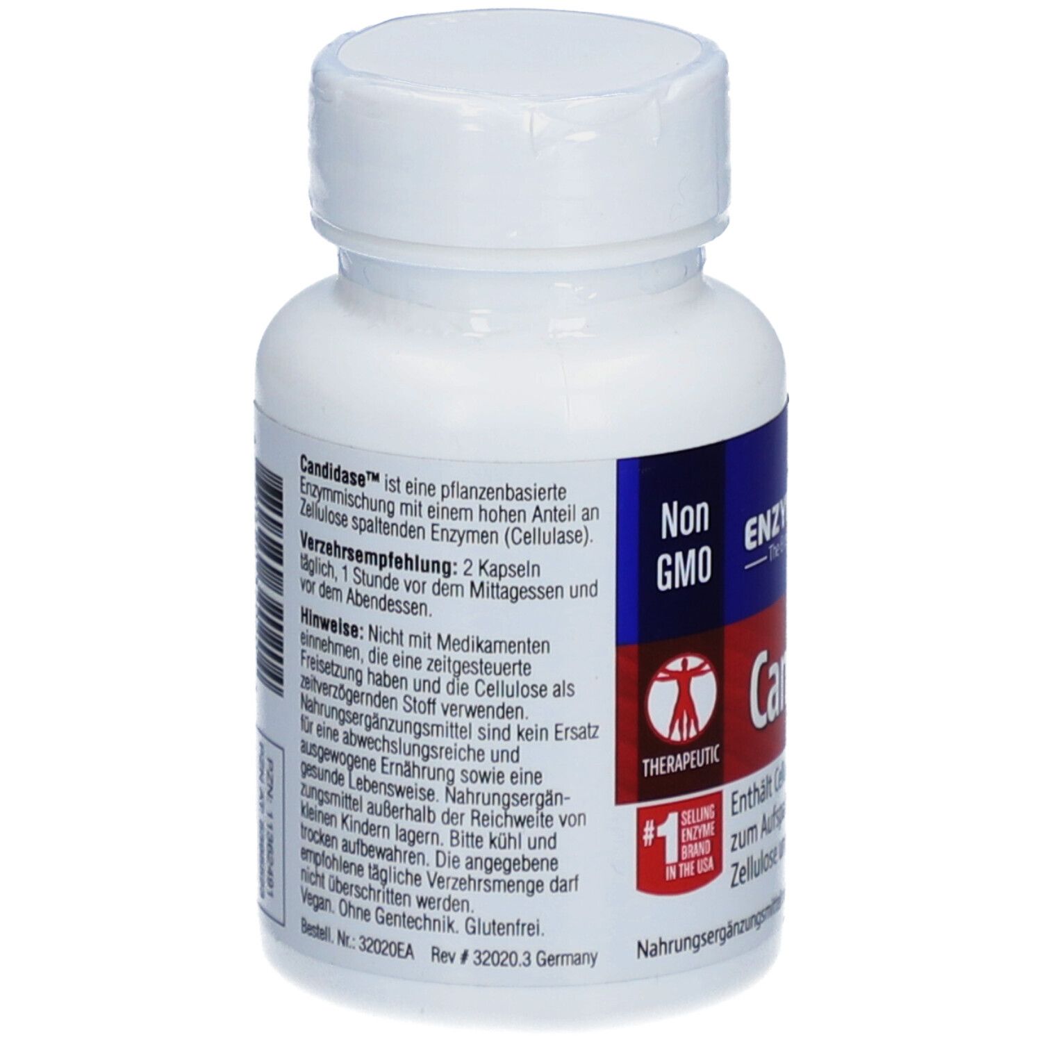 Rückansicht der weißen Flasche. Etikett mit Informationen zu Candidase. Enthält Enzymedica. Non-GMO.