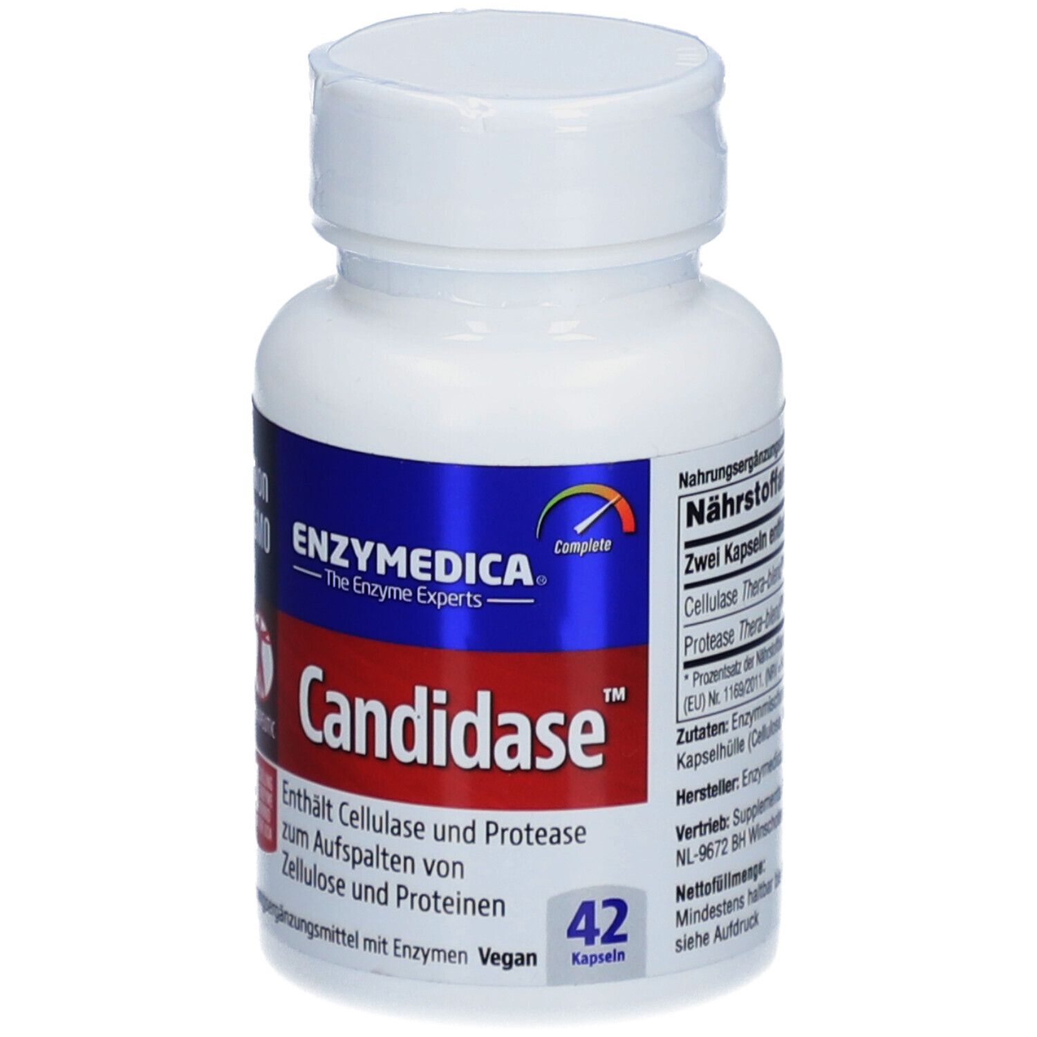 Weiße Flasche mit blauem Etikett. Aufschrift: Candidase, Enzymedica. Enthält 42 Kapseln. Non-GMO.