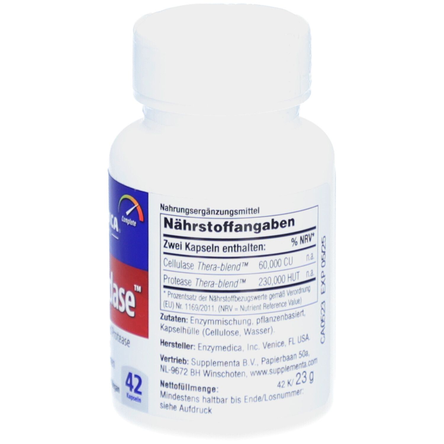 Rückansicht der weißen Flasche. Etikett mit Nährwertangaben. Enthält 42 Kapseln. Enzymedica.