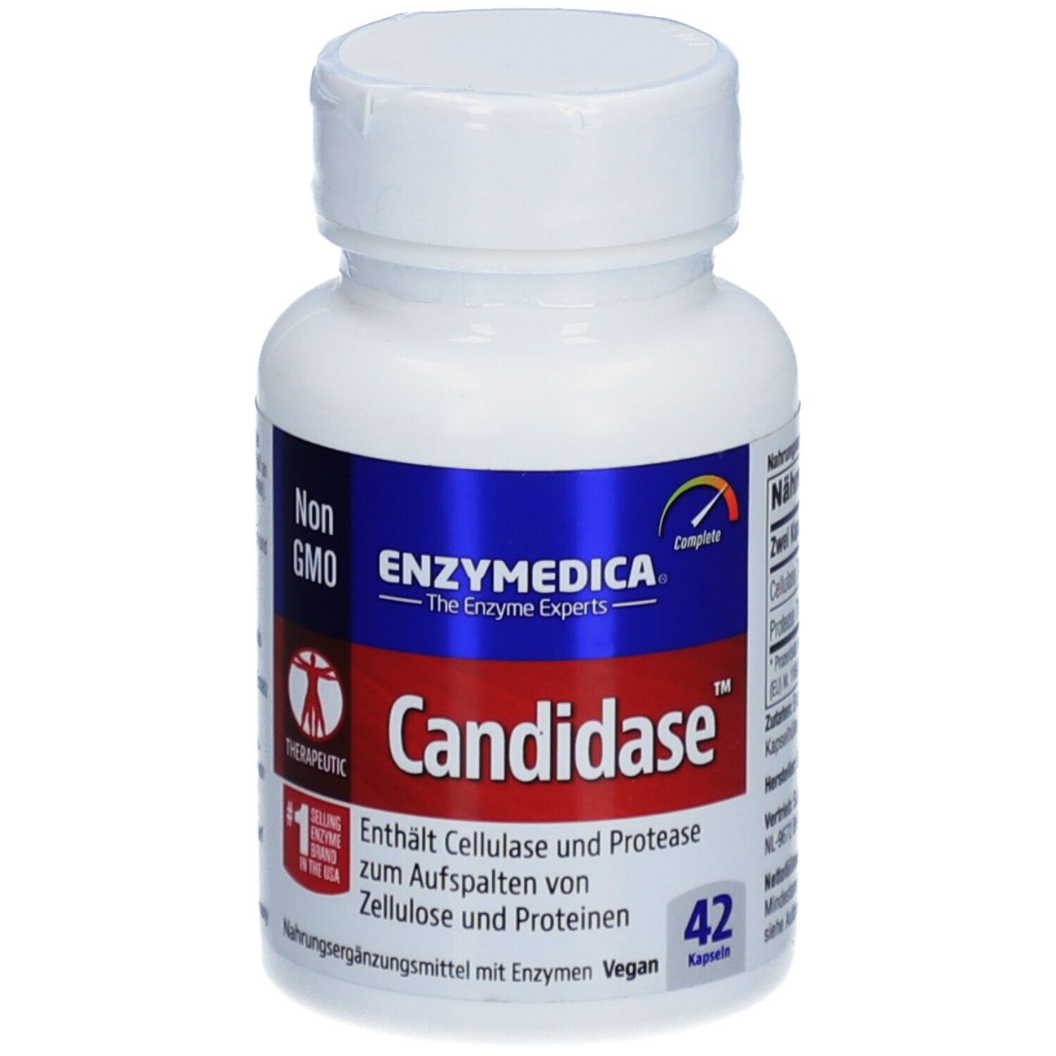 Weiße Flasche mit blauem Etikett. Aufschrift: Candidase, Enzymedica. Enthält 42 Kapseln. Non-GMO.