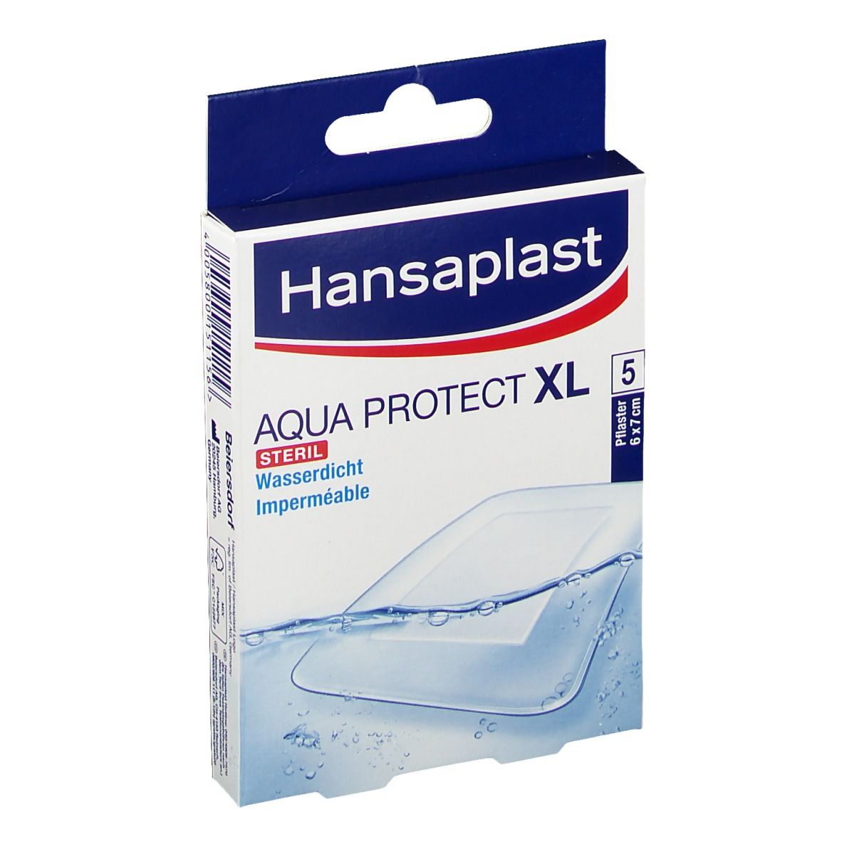 Verpackung mit Hansaplast Aqua Protect XL Pflaster. Steril, wasserdicht. Größe 6x7 cm. 5 Stück.