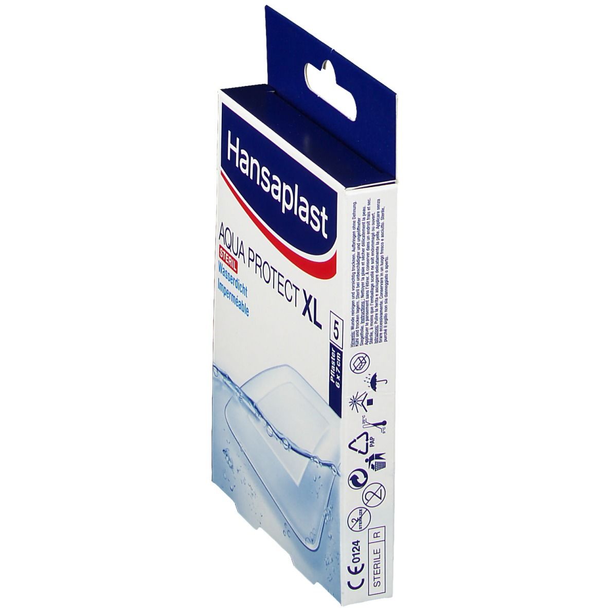 Verpackung Hansaplast Aqua Protect XL. Steril, wasserdicht. Produktinformationen auf der Seite. CE-Kennzeichnung.