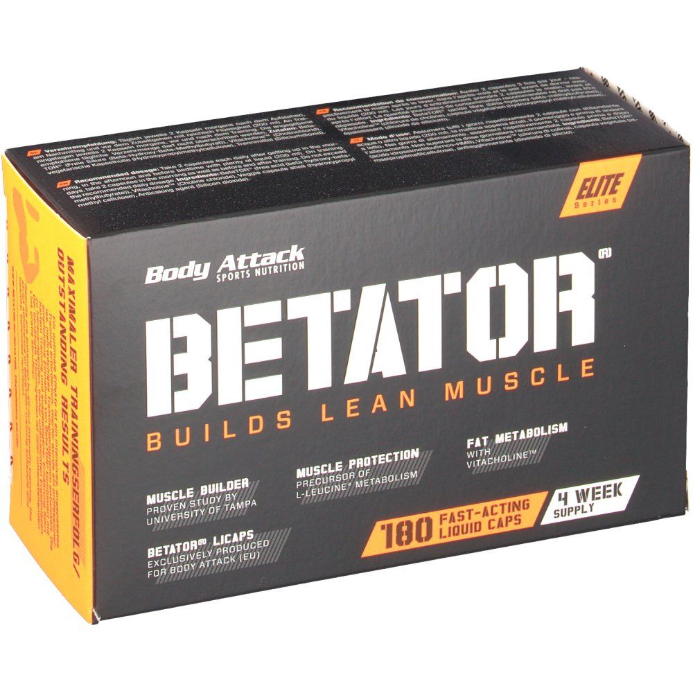 Schwarze und gelbe Schachtel mit "BETATOR"-Schriftzug. Enthält 180 Kapseln. Text: "BUILDS LEAN MUSCLE".