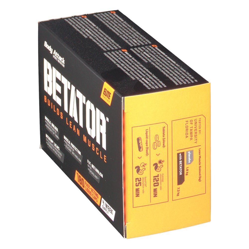 Schwarze und gelbe Schachtel mit "BETATOR"-Schriftzug. Enthält 180 Kapseln. Winkelansicht.