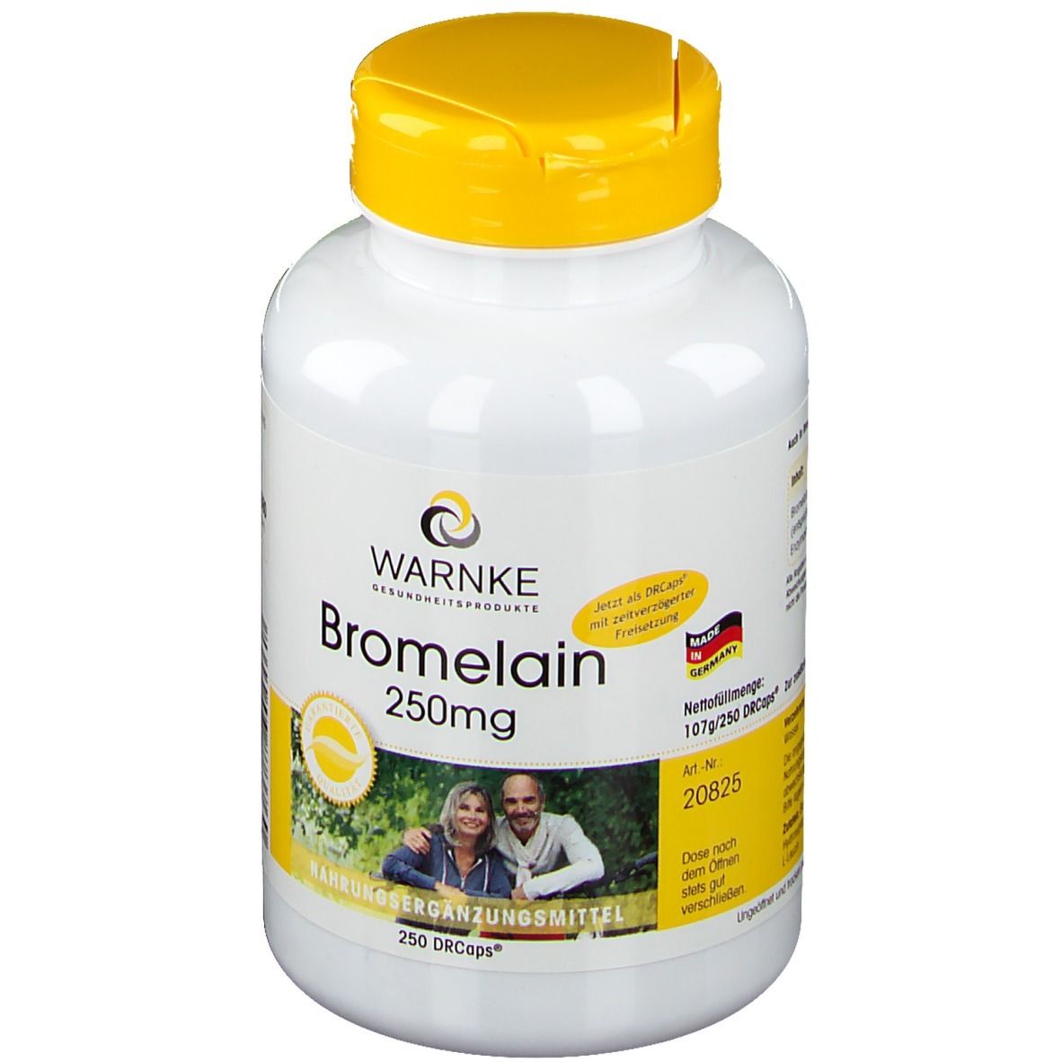 Weiße Flasche mit gelbem Deckel. Aufschrift: Warnke Bromelain 250mg. Enthält 250 DRcaps. Mit Bild von Paar.