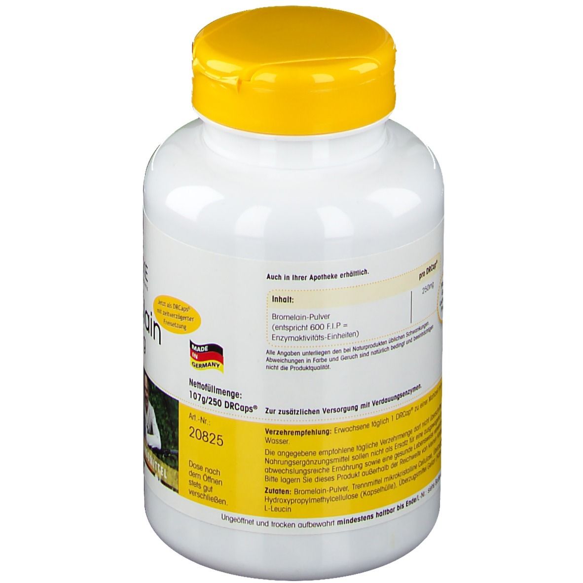 Rückseite der weißen Flasche mit gelbem Deckel. Text: Bromelain-Pulver. Nettogewicht: 107g/250 DRcaps. Hergestellt in Deutschland.