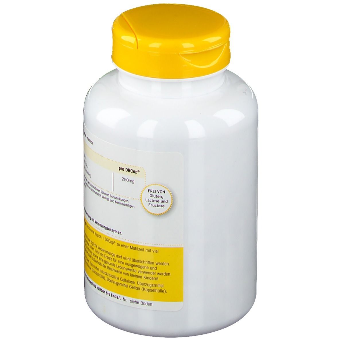 Weiße Flasche mit gelbem Deckel. Aufschrift: Frei von Gluten, Lactose und Fructose. Text: pro DRcaps 250mg.