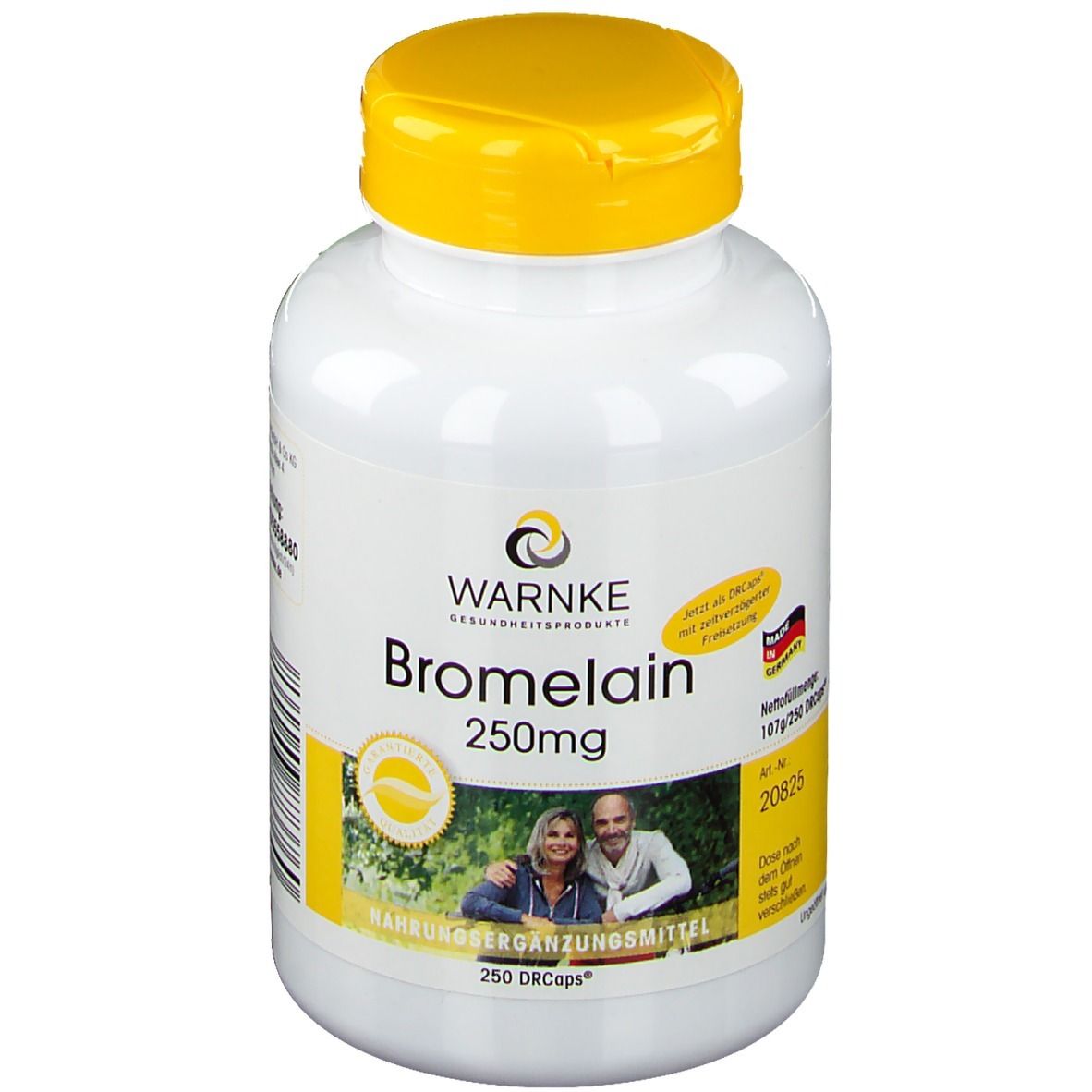 Weiße Flasche mit gelbem Deckel. Aufschrift: Warnke Bromelain 250mg. Enthält 250 DRcaps. Mit Bild von Paar.