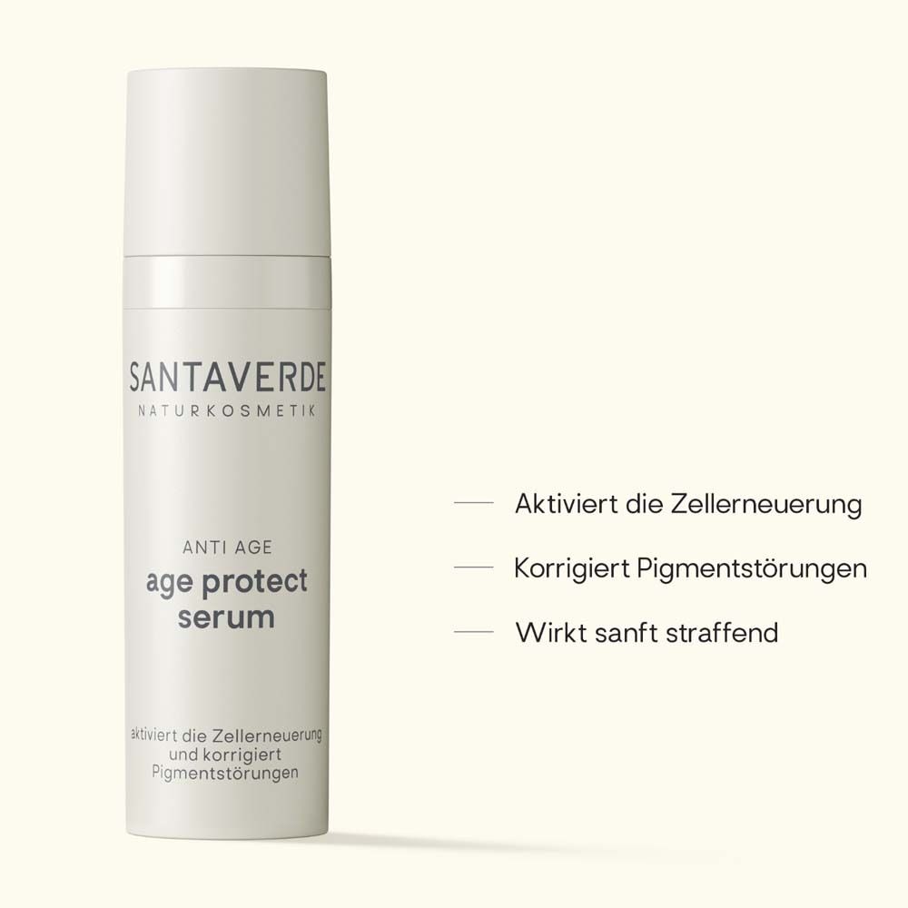 Weißes Serum SANTAVERDE age protect. Text: age protect serum. Aktiviert Zellerneuerung.