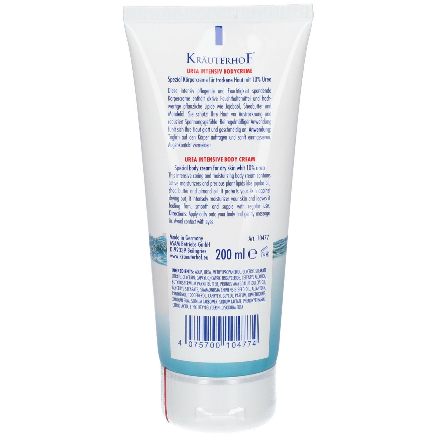Creme-Tube mit Produktinformationen. Text: Urea Intensive Body Creme, 200 ml.