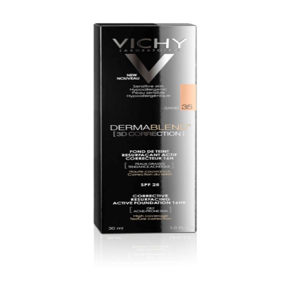 Schwarzer Karton mit VICHY-Logo und Schriftzug. Farbton 35 Sand. Produktname: Dermablend 3D Correction. 30 ml.