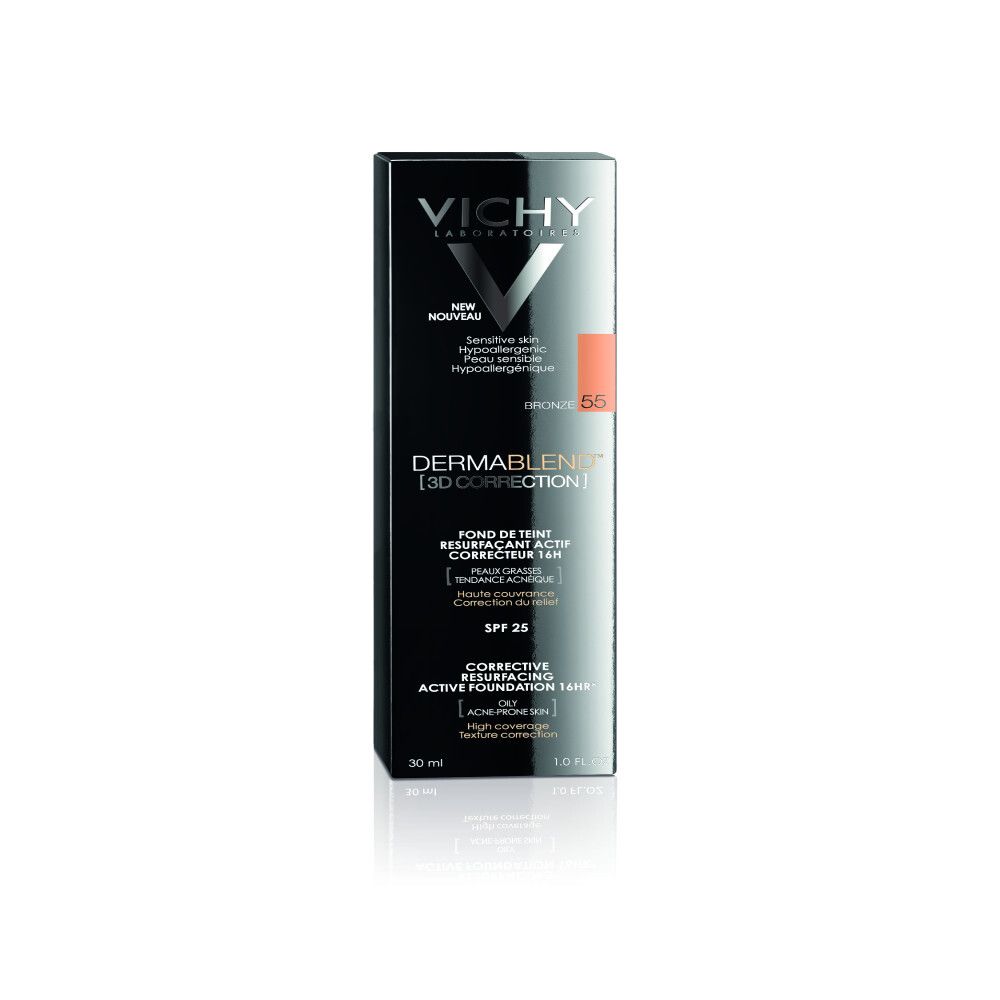 Vichy Dermablend 3D Correction Foundation 55 Bronze. Schwarze Verpackung mit Produktabbildung. SPF 25. 30 ml.