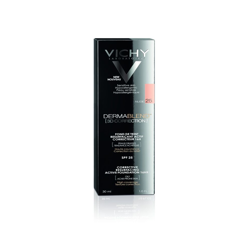 Vichy Dermablend 3D Correction Foundation, Verpackung. Schwarzer Karton mit Produkt und Farbton 25 Nude.