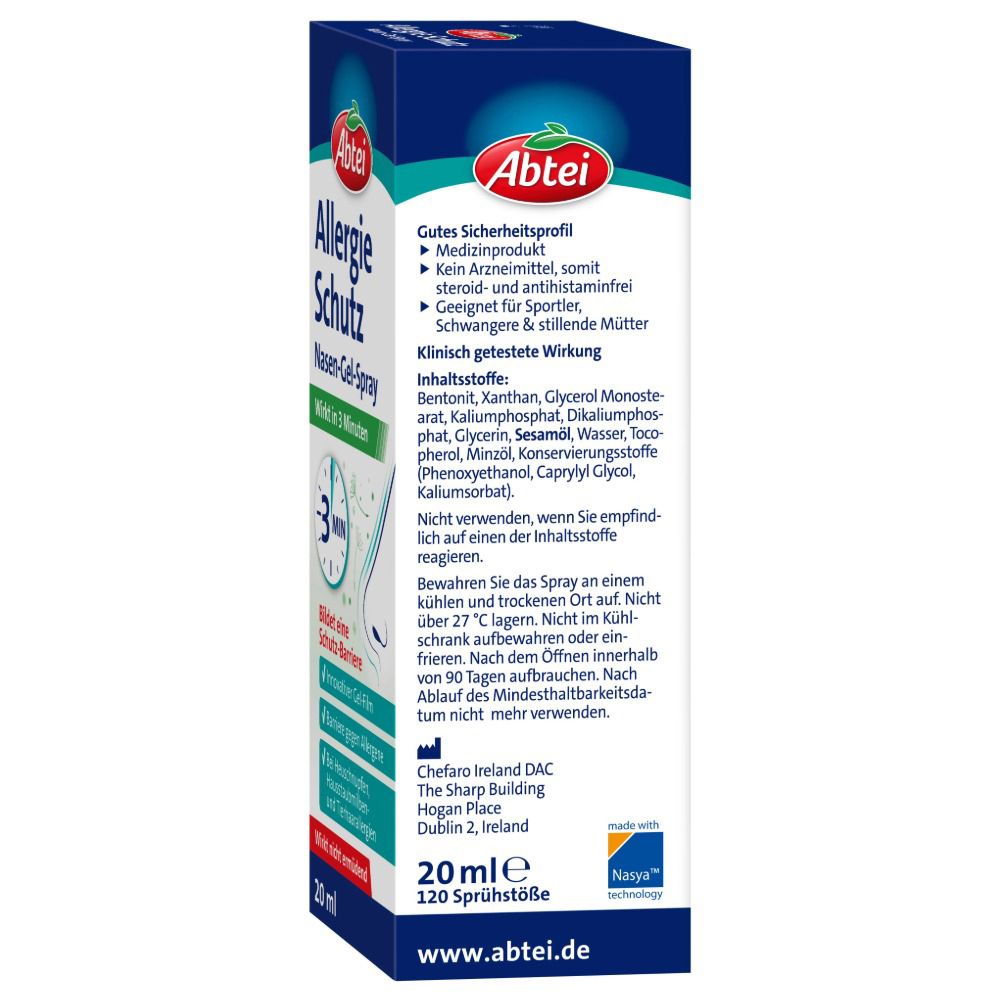Rückseite der Abtei Allergie Schutz Nasen-Gel-Spray Verpackung. Informationen zu Inhaltsstoffen und Sicherheit.