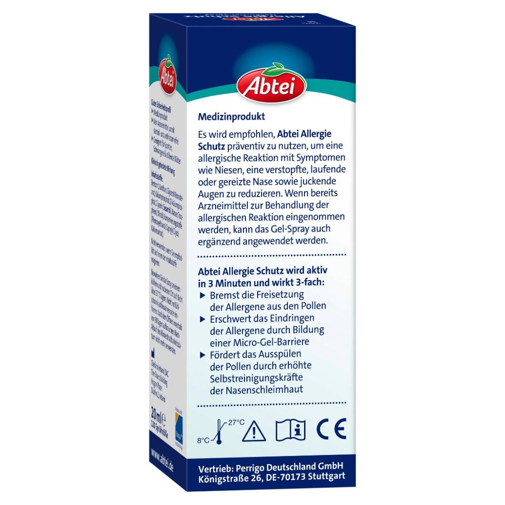 Rückseite der Abtei Allergie Schutz Nasen-Gel-Spray Verpackung. Medizinprodukt-Informationen und Warnhinweise.