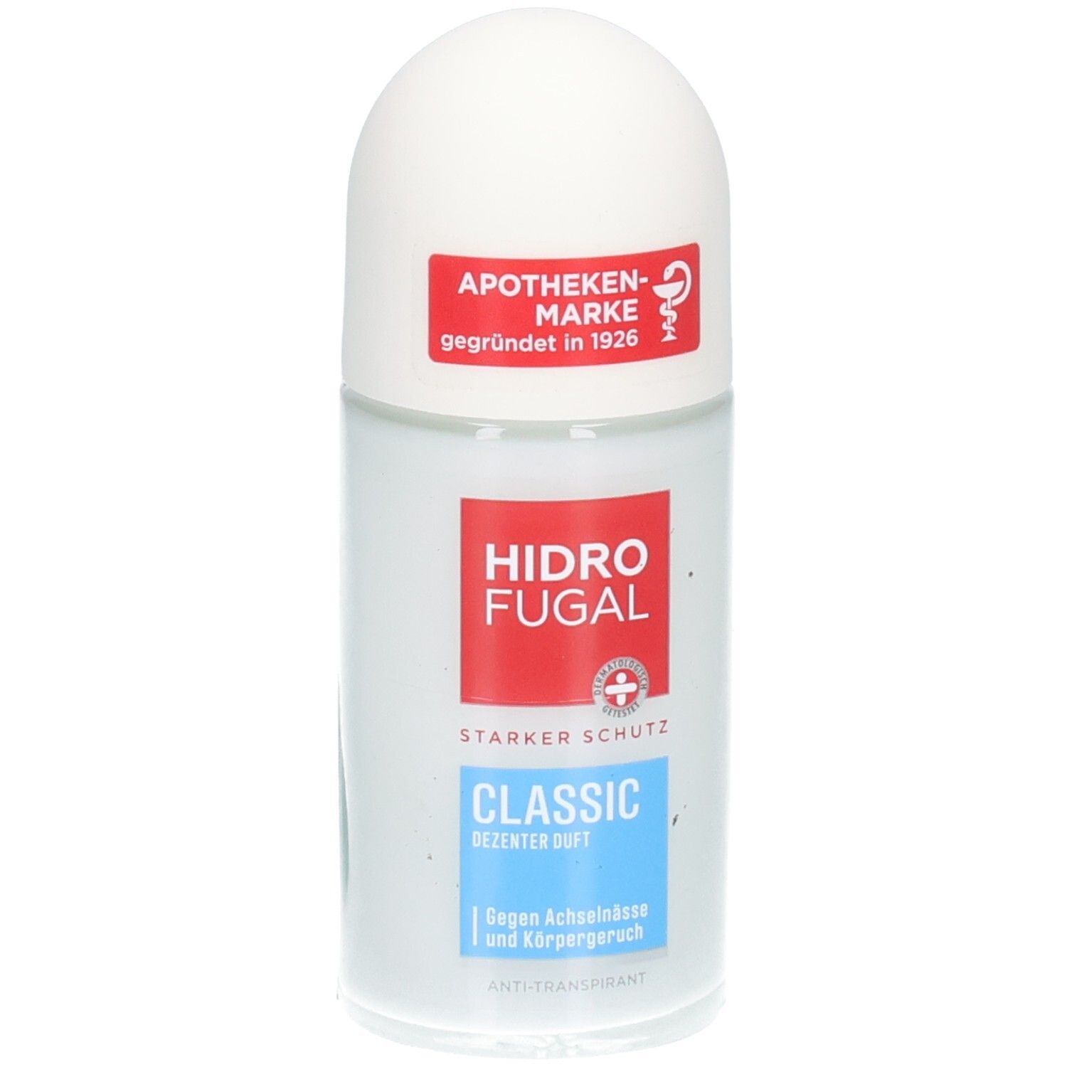Roll-on-Deodorant mit weißem Deckel und transparentem Behälter. Roter und blauer Aufdruck mit Produktinformationen.