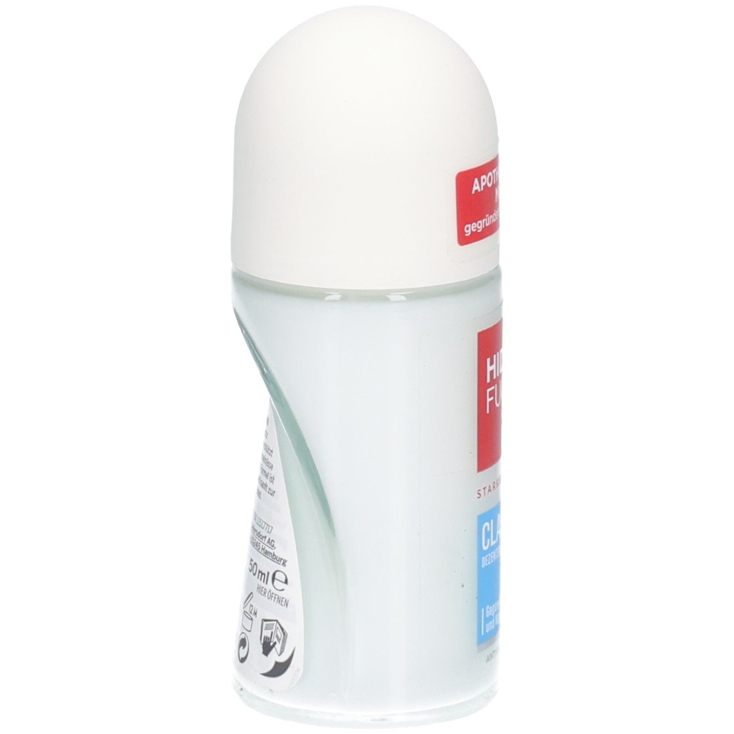 Roll-on-Deodorant, Seitenansicht. Weißer Deckel, transparente Flasche mit Produktinformationen und Inhaltsstoffen.