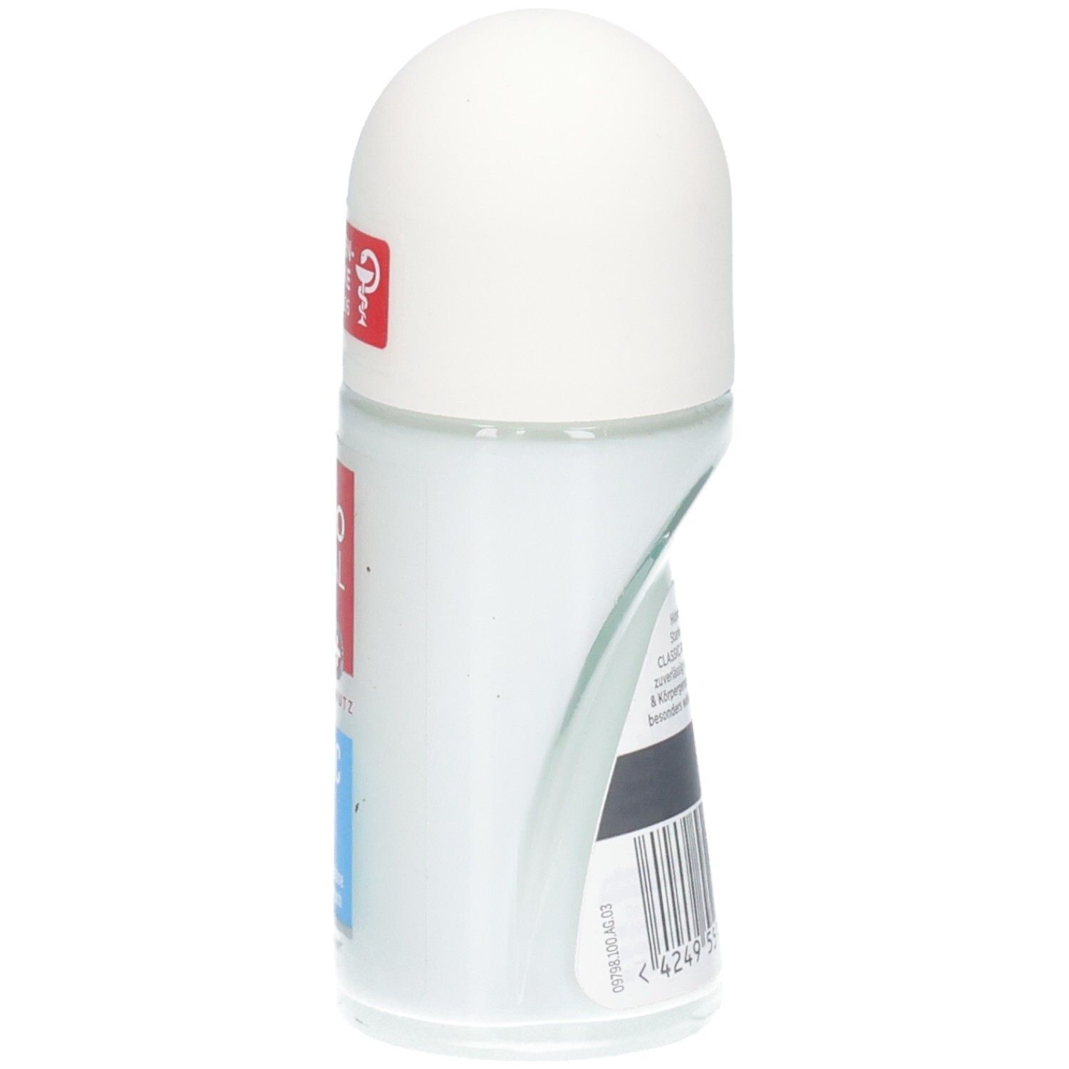 Roll-on-Deodorant, Seitenansicht. Weißer Deckel, transparente Flasche mit Produktinformationen.