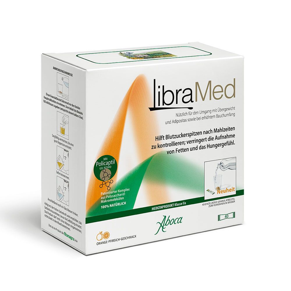 Weißer Karton mit "libraMed"-Logo. Text: Hilft Blutzuckerspitzen zu kontrollieren. Aboca-Logo. Orange-Pfirsich-Geschmack.
