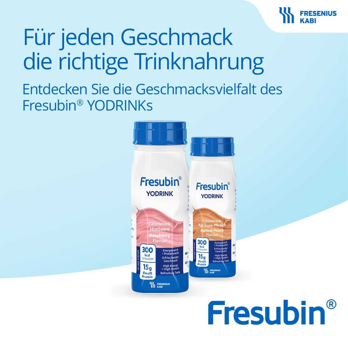 Zwei Fresubin YoDrink Flaschen, eine Himbeer und eine Aprikose-Pfirsich, nebeneinander auf hellem Hintergrund.
