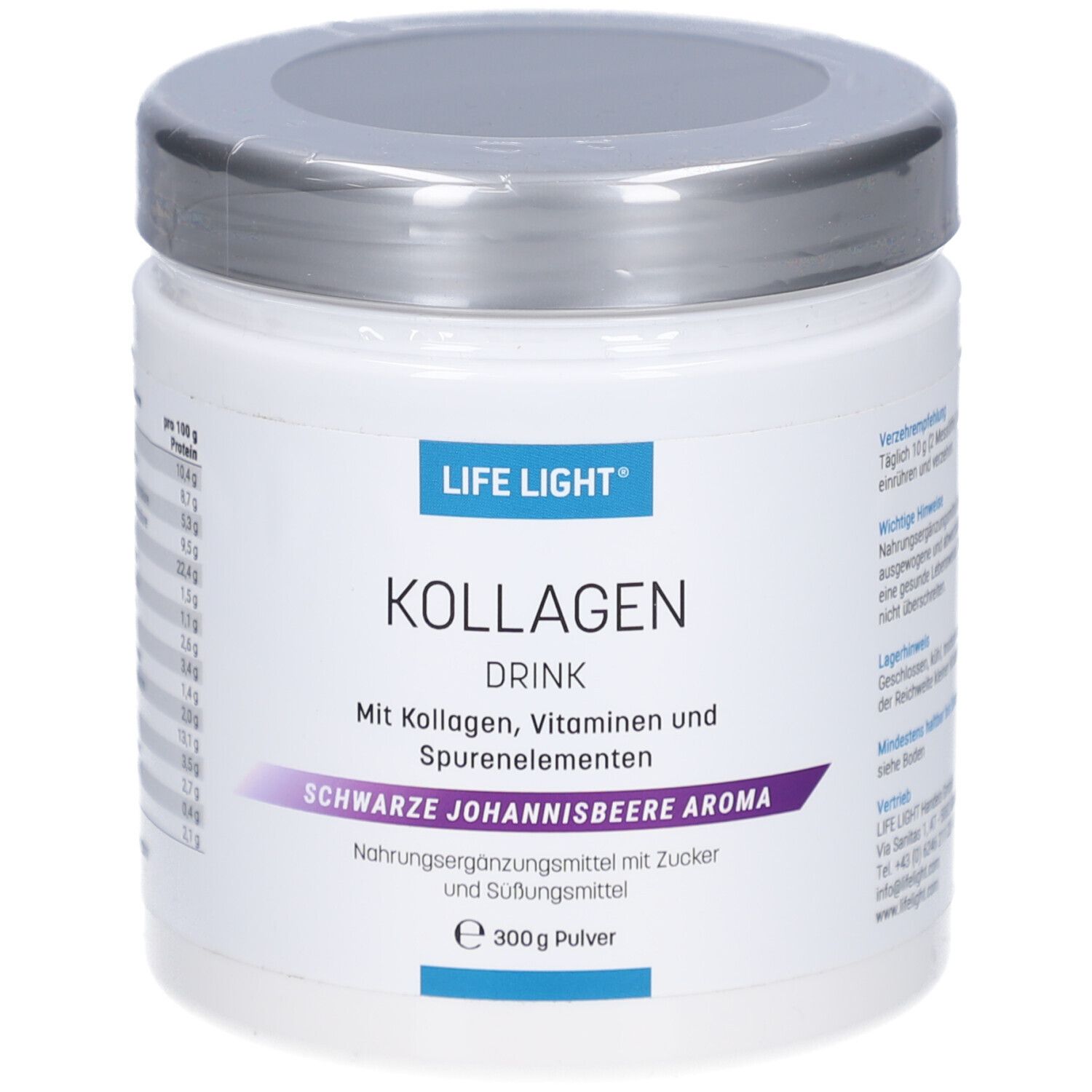 Weißes Dose mit silbernem Deckel. Aufschrift: LIFE LIGHT, KOLLAGEN DRINK, Schwarze Johannisbeere Aroma. 300g Pulver.