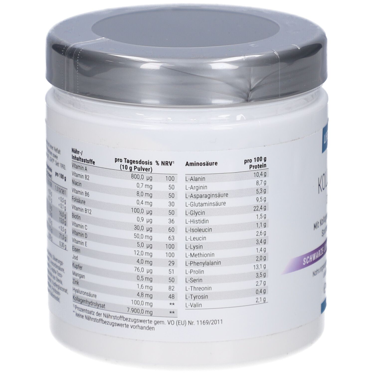 Rückseite der Dose. Enthält Nährwertangaben und Aminosäuren-Tabelle. Text in deutscher Sprache.