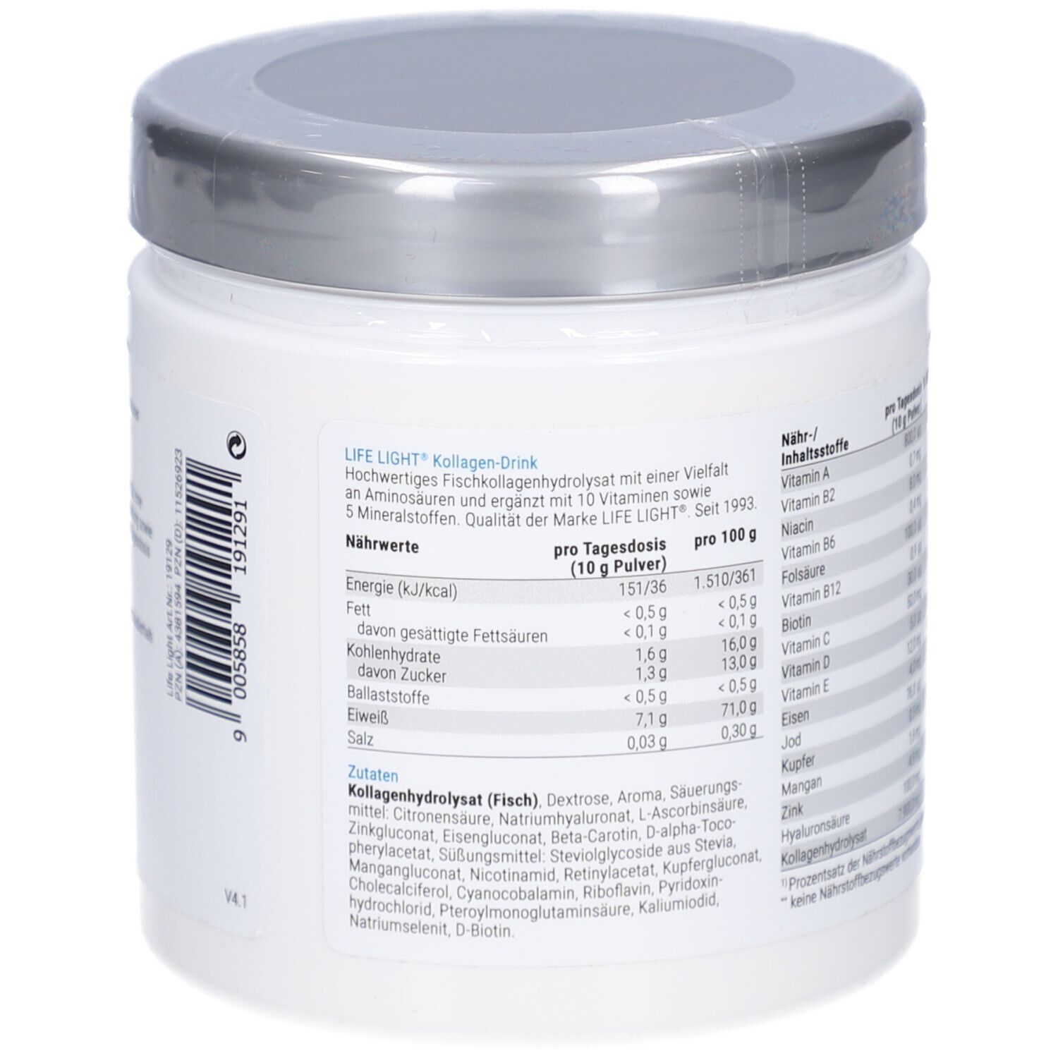 Rückseite der Dose. Enthält Nährwertangaben und Zutatenliste. Text in deutscher Sprache.