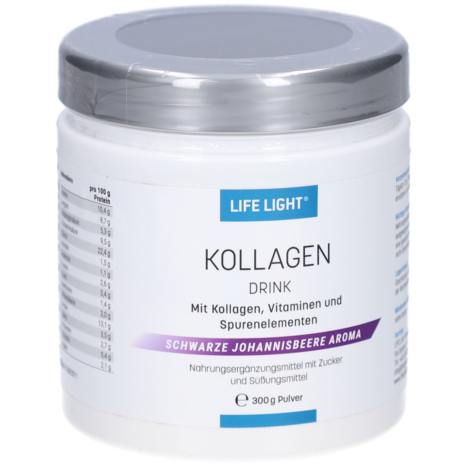 Weißes Dose mit silbernem Deckel. Aufschrift: LIFE LIGHT, KOLLAGEN DRINK, Schwarze Johannisbeere Aroma. 300g Pulver.
