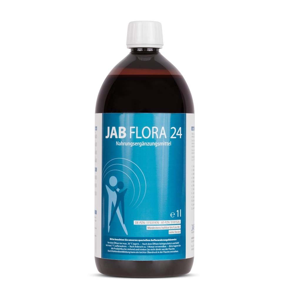 Braune Flüssigkeit in einer Flasche. Aufschrift: JAB FLORA 24. Nahrungsergänzungsmittel. 1 Liter.