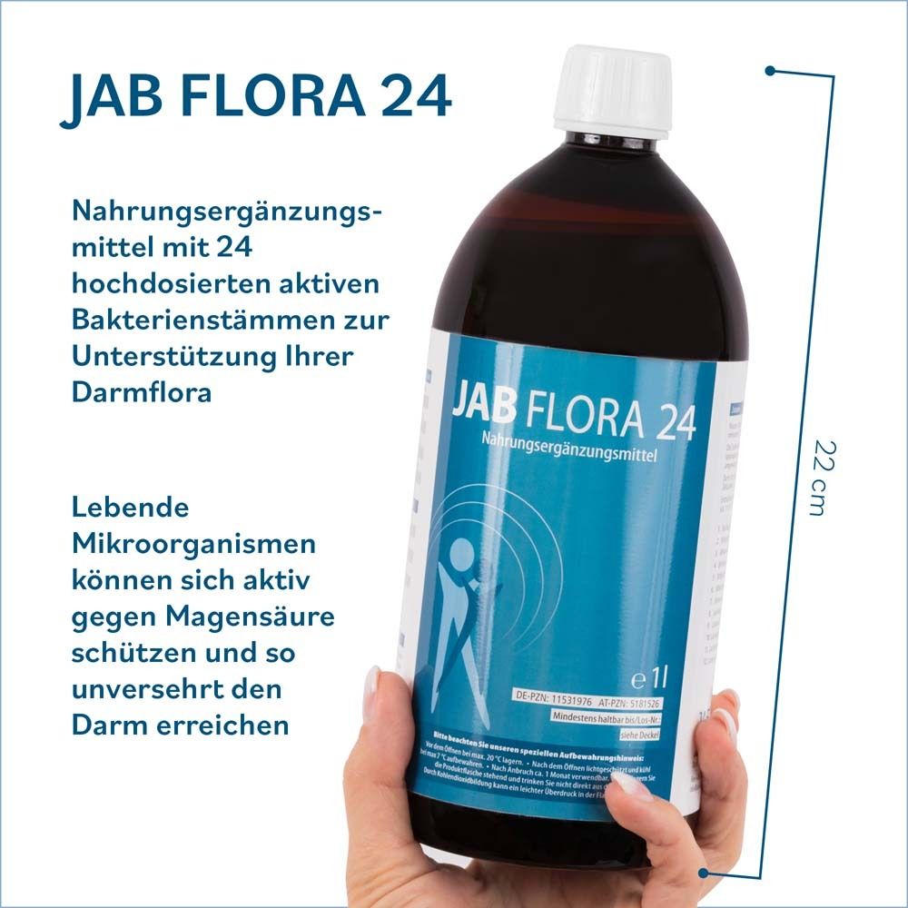 JAB FLORA 24 Flasche, 22 cm hoch, in Hand gehalten. Text: Nahrungsergänzungsmittel mit 24 Bakterienstämmen.