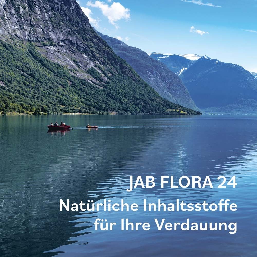 Landschaft mit See und Bergen. Text: JAB FLORA 24. Natürliche Inhaltsstoffe für Ihre Verdauung.