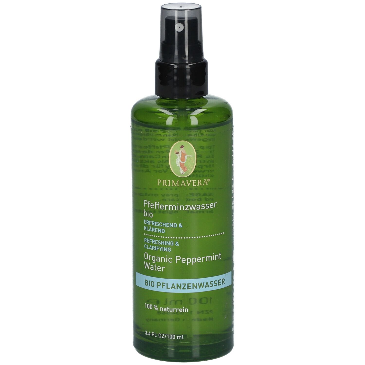 Grüne Sprühflasche mit schwarzem Sprühkopf. Beschriftung: Primavera, Pfefferminzwasser bio, Organic Peppermint Water. Bio-Siegel.