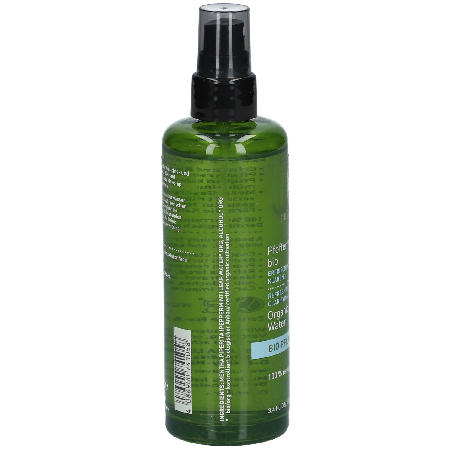 Rückseite der grünen Sprühflasche. Beschriftung: Inhaltsstoffe, Pfefferminzwasser, Bio-Siegel, 100% naturrein. Herstellerinformationen.