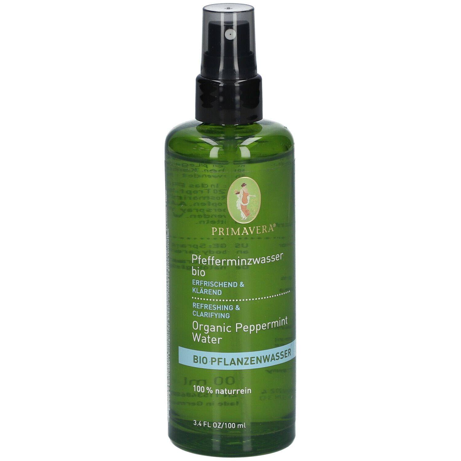 Grüne Sprühflasche mit schwarzem Sprühkopf. Beschriftung: Primavera, Pfefferminzwasser bio, Organic Peppermint Water. Bio-Siegel.