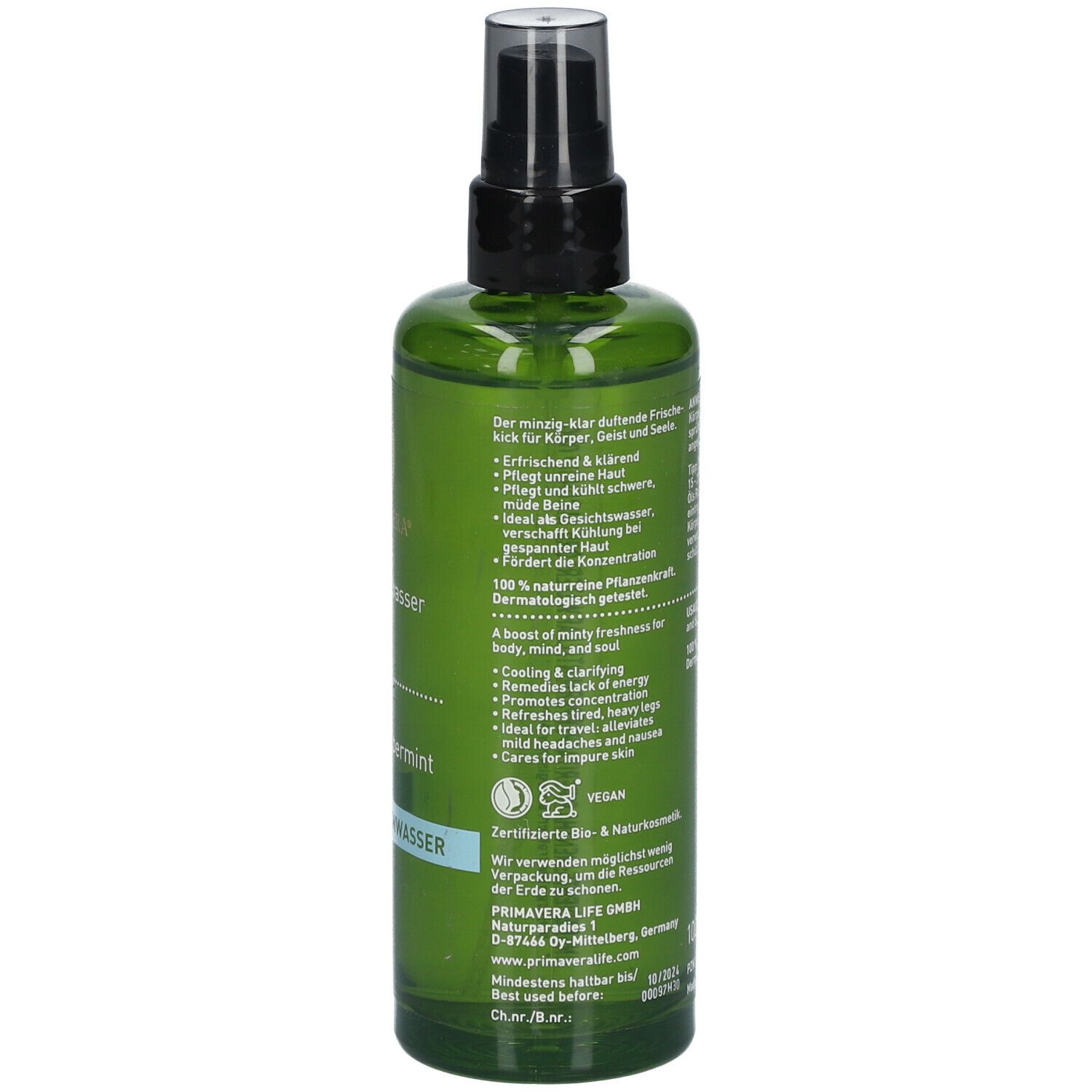 Rückseite der grünen Sprühflasche. Beschriftung: Pfefferminzwasser, Bio-Siegel, 100% naturrein. Herstellerinformationen. Vegan-Siegel.