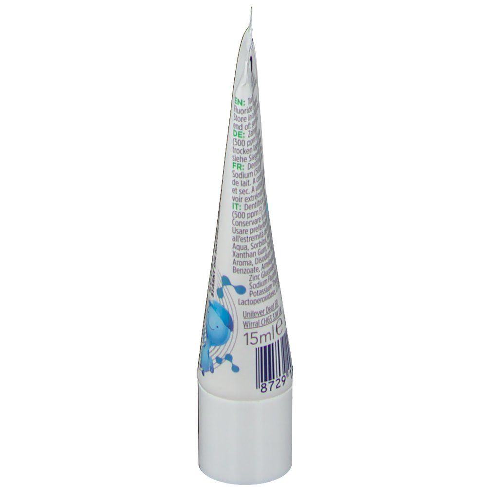 Tube-Rückseite mit Inhaltsstoffen und Text in mehreren Sprachen. Enthält 15ml. Mit blauem Fisch-Design.