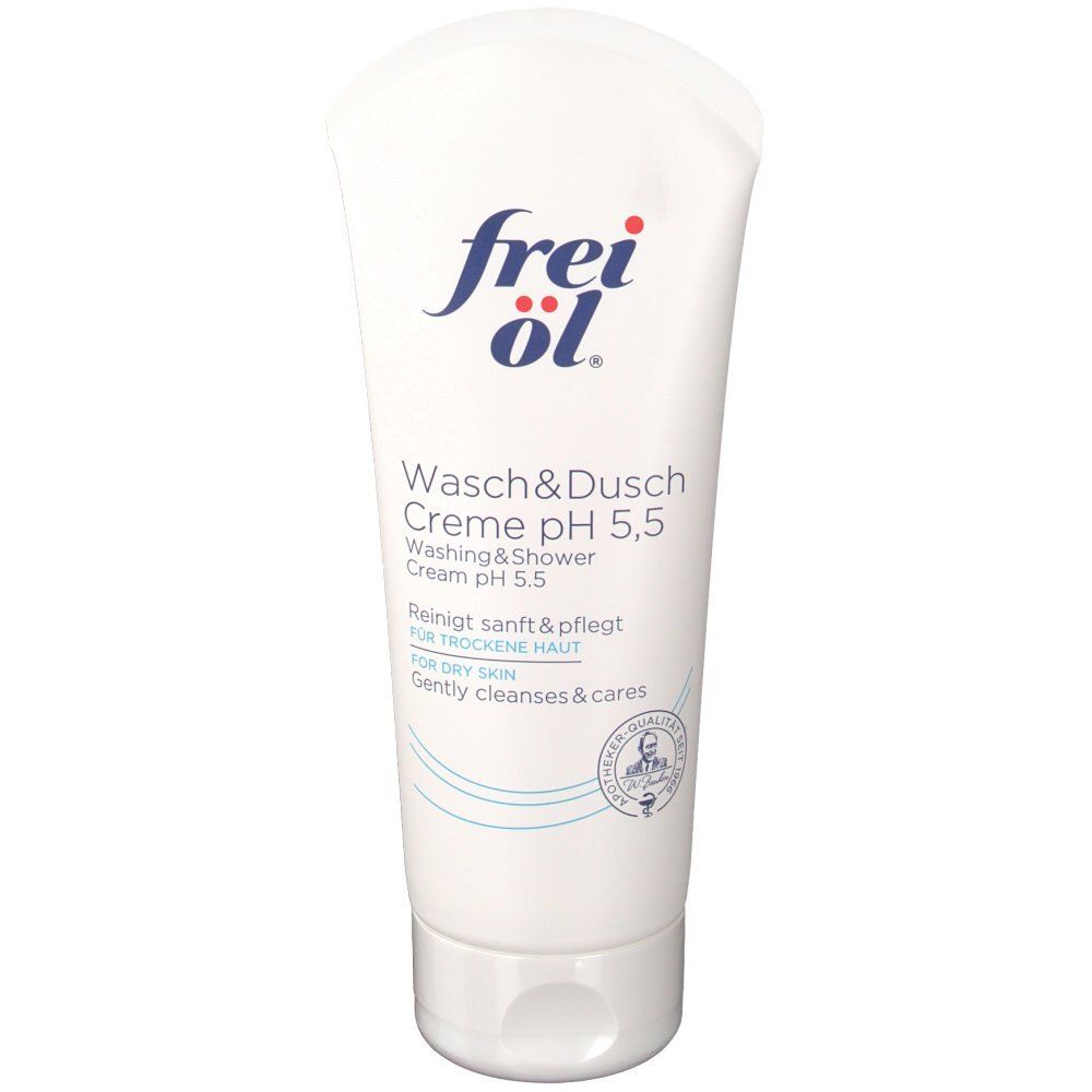 Weiße Tube mit blauem Schriftzug frei öl®. Produktname: Wasch&DuschCreme pH 5,5. Enthält Qualitätslogo. 