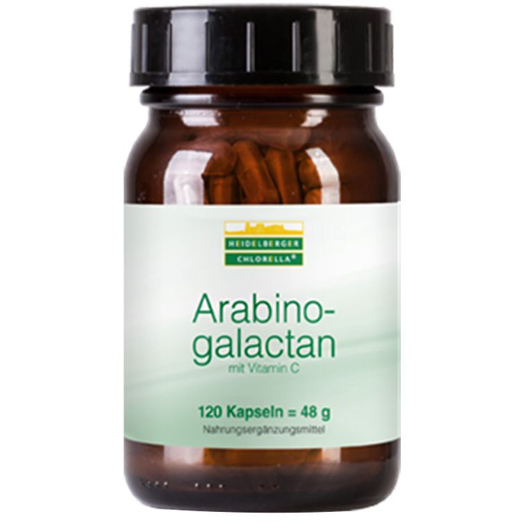 Braune Glasflasche mit schwarzen Deckel. Etikett mit Schriftzug Arabinogalactan mit Vitamin C. 120 Kapseln.