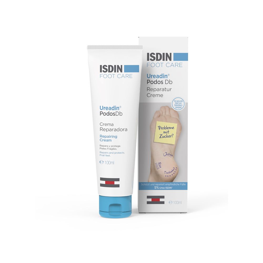 ISDIN Foot Care Ureadin Podos Db Creme und Verpackung. Tube mit blauer Kappe und weißer Verpackung.