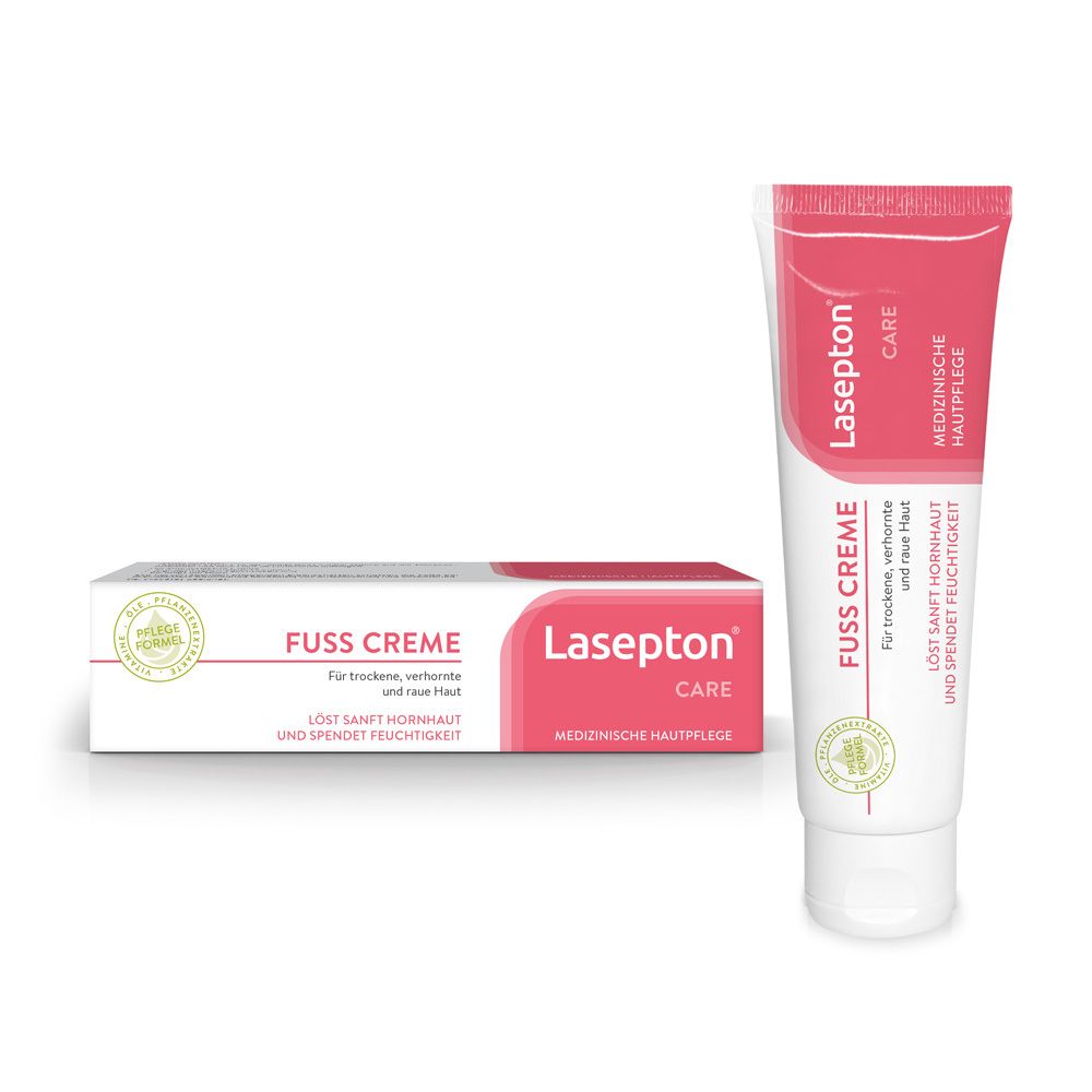 Lasepton CARE Fuss-Creme, Tube und Schachtel. Rosa-weißes Design. Text: Fuss Creme, medizinische Hautpflege.