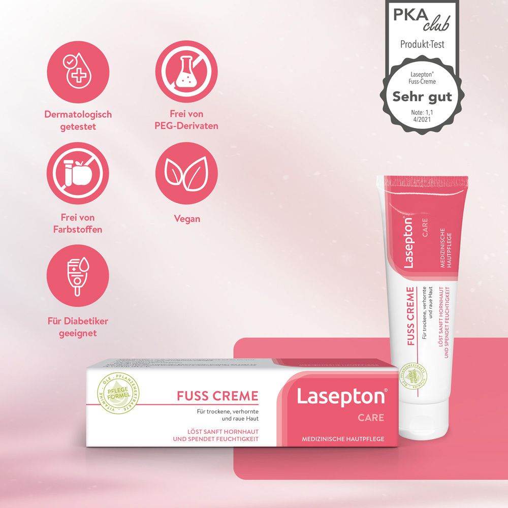 Lasepton CARE Fuss Creme, Tube und Schachtel. Logos: dermatologisch getestet, vegan, etc. PKA Club Siegel.