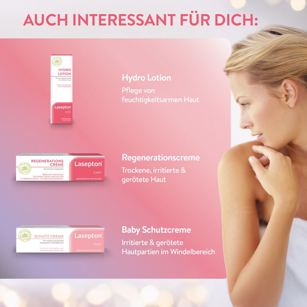 Frau betrachtet andere Lasepton Produkte. Hydro Lotion, Regenerationscreme, Babyschutzcreme.