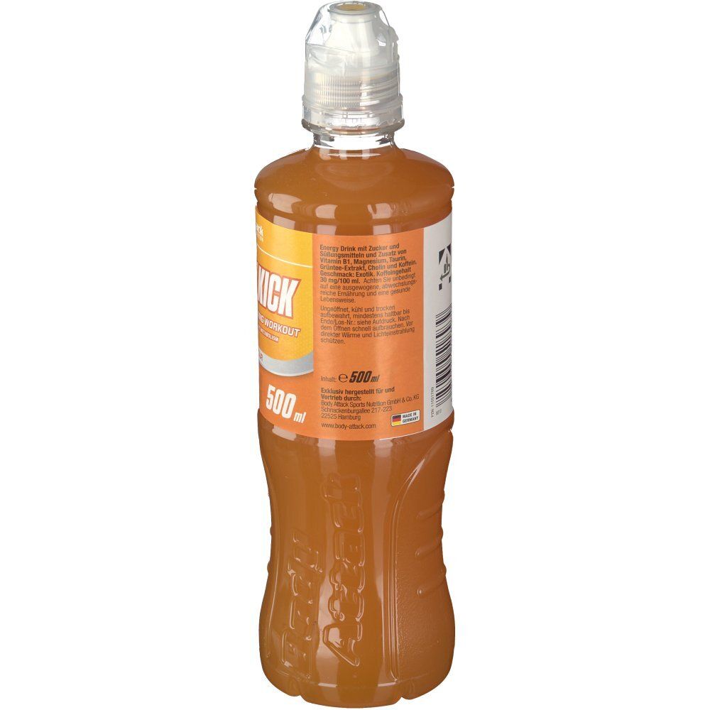 Rückseite der Flasche Body Attack Energy Kick Exotic. Etikett mit Inhaltsstoffen und Informationen.