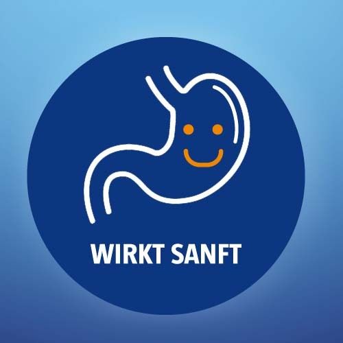 Blauer Kreis mit weißem Magen-Symbol mit lächelndem Gesicht. Text: Wirkt sanft.